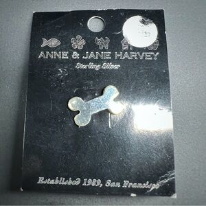 Vintage Anne & Jane Harvey Small Dog Bone Sterling Silver Pin. On original card.